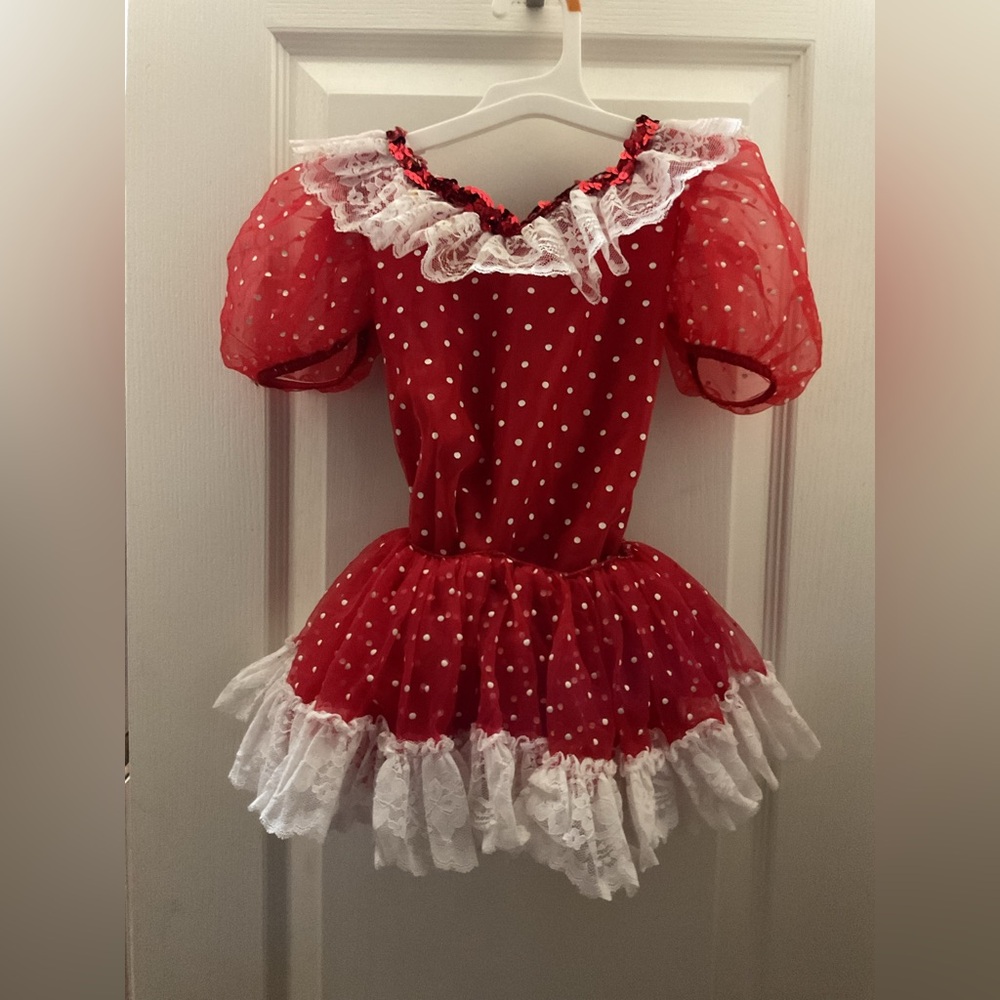 Red & white polka dots tap dance costume with white lace and red sequined trim